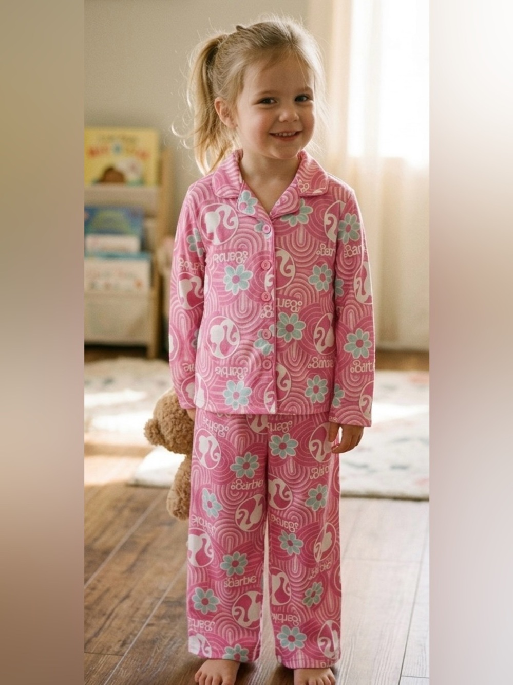 NWOT Barbie x Komar Kids Pink Groovy Flower Pajama Set Super Soft- XS 4/5
